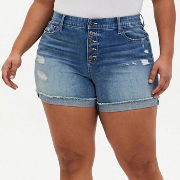 Torrid Denim Vintage Stretch High Rise Jean Shorts Distressed Blue Plus Size 24 - Picture 1 of 11